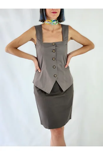 YAXİ Square Collar Unlined Khaki Woven Vest