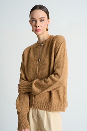 TENA Women's Light Mink Strap V-Neck Knitwear Undershirt Buttoned Plain Cardigan Suit