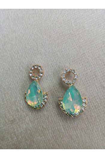 Pervin Ablacım Gold Hanging Earrings with Steel Turquoise Colored Drop Stones