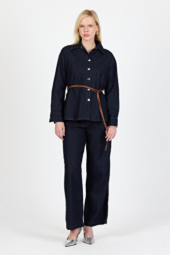 Eco Sense Dark Navy Blue - Buttoned Denim Jacket and Wide Leg Pants Set