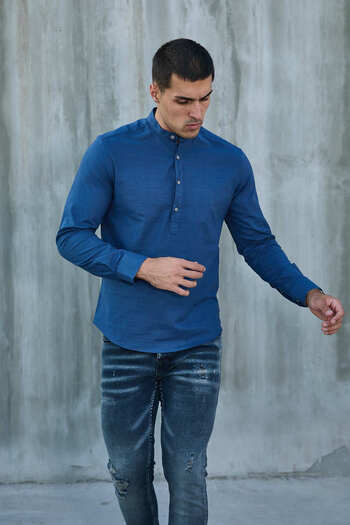 jack carisma Cămașă pentru bărbați INDIGO HAKIM, cu guler, cu textura de in, din bumbac, slim fit