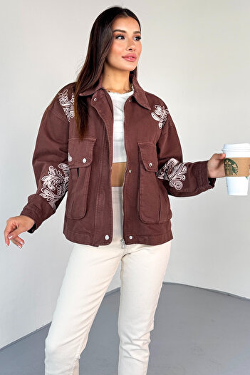 Cappmoda Ckt-2831 Brown Contrast Embroidered Denim Jacket with Pocket Flap