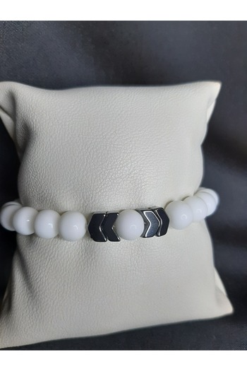 MRYart White Glass Beads and Onyx Stone Bracelet Unisex