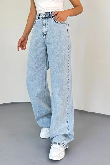 Cappmoda Jean-1071 Light Blue Stone Detailed Line Patterned Mom Jean