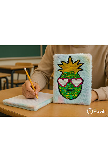 modacepte Pavili Glitter Sequin Embroidered Pineapple Pattern Plush Notebook – Colorful Special Design, for Classroom and Gift