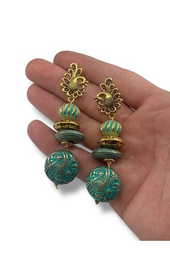dela otantik Handmade Turquoise and Gold Color Bohemian Dangle Earrings – Authentic Ethnic Big Stone Bijoux Jewelry