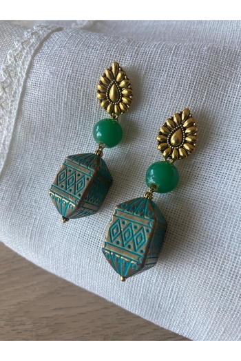 dela otantik Handmade Turquoise and Gold Color Bohemian Dangle Earrings – Authentic Ethnic Big Stone Bijoux Jewelry