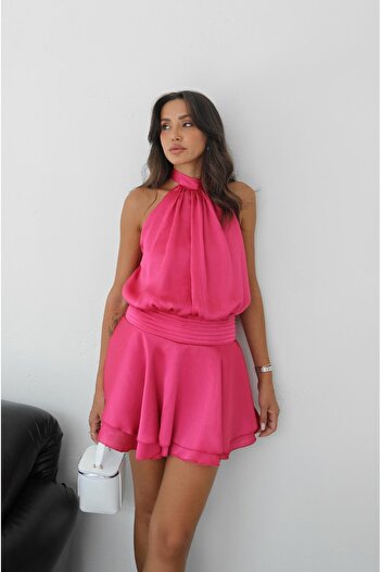 Havoş Fuchsia Satin Dress with Pleated Waist Detail