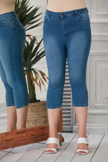 Imagine Giyim Women's Plus Size Full Lycra Blue Denim Capri – Stretchy, Comfortable and Casual Chic