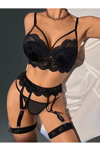 SiaLess Lingerie Romantic Black Lace Garter Suit 5 Pieces