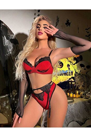 SiaLess Lingerie Red Lace Detailed Garter Suit + Garter Stockings