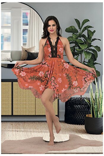SiaLess Lingerie Women's Floral Patterned Combed Cotton Lace Detailed Comfortable Nightdress
