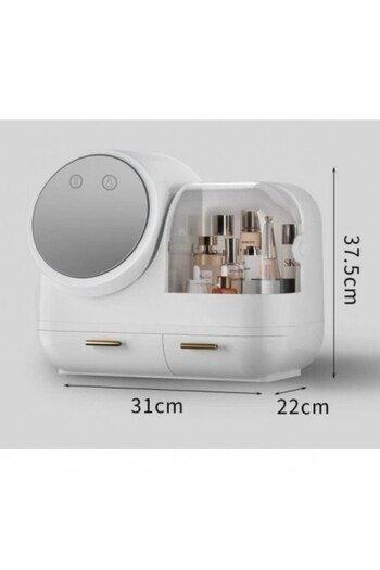 Kardett White cosmetic organizer with LED mirror, fan, compartments, drawers, USB charging, box