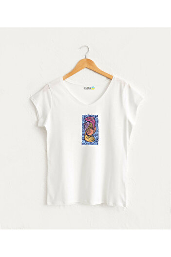 Kidilia Women's V-Neck 100% Cotton Design T-Shirt with Framed Graphic Fish Image