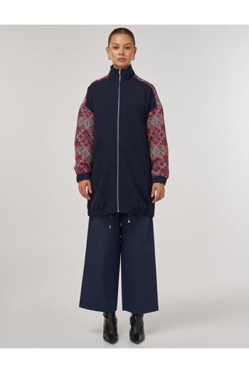 KYR Ethnic Pattern Garnished Stand Collar Zipper Closure Tunic Dark Navy Blue