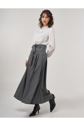 Kayra Thick Pleated Belted Maxi Skirt Anthracite