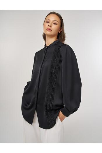 Kayra Sequin Garnished Satin Tunic Black