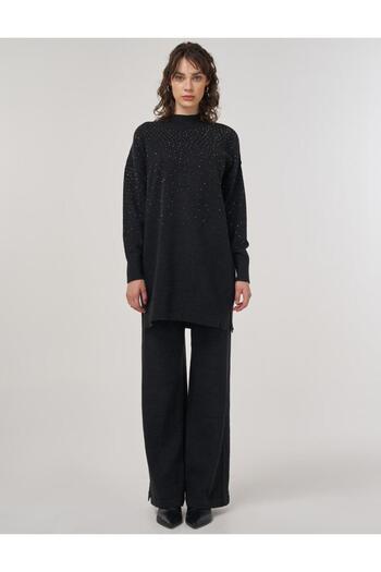 Kayra Hotfix Printed Knitwear Tunic Trousers Double Set Black