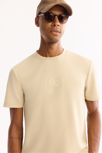 Avva Men's Regular Fit Beige Bi-Stretch Printed Interlock T-Shirt A52Y1020