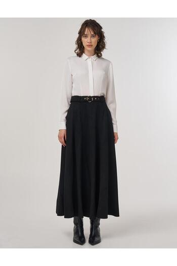 Kayra Belted Suede Flared Skirt Black