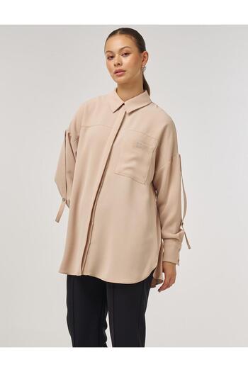 Kayra Metallic Printed Crepe Tunic Beige