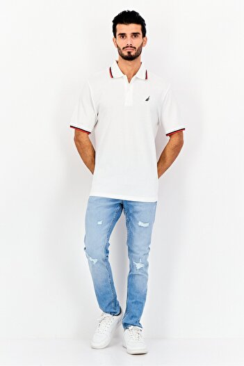 Nautica Men Spread Collar Short Sleeve Embroidered Polo Shirt, White