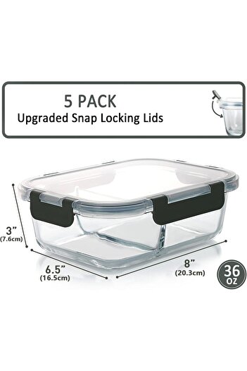 erorex Glass Meal Prep Containers, 5 Pack 1040Ml Portion Control Upgraded Snap Locking Lids Glass Food