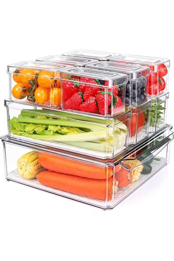 erorex 10 Pack Fridge Organizer, Stackable Refrigerator Pantry Organizer Bins Lids, Clear Plastic Food