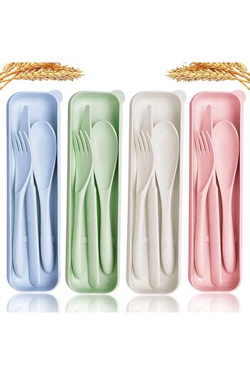 erorex Cutlery Case Travel Utensil Set, 4 Pcs Wheat Straw Reusable Portable Spoon Fork Knife Set, Eco