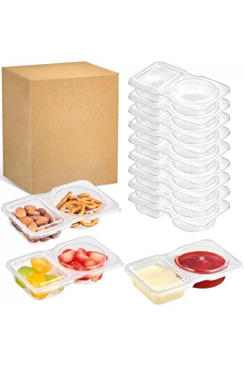 erorex Double Compartment Transparent Plastic Condiment Containers Lids Ideal Dips, Sauces, Salad