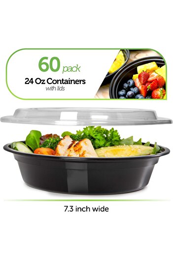 erorex Reusable Plastic Containers Lids, 60 Pack, Black, Meal Bowls, Lunch Containers, Bpa, Pvc Phthalate