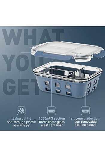 erorex 3 Compartment Glass Food Storage Container, Lunch Box, Airtight Lid Silicone Protection, 3 Section