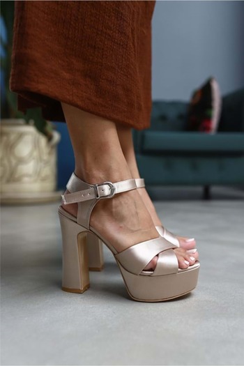 KOCAMANLAR Feles Cross 13 cm High Platform Heeled Women's Evening Dress Shoes TEN-SATEN