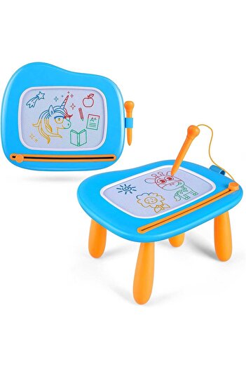 Elindor Tablă de desen magnetică pentru copii, masă de desen, jucărie educativă, 4 culori, 25 cm, Albastră.