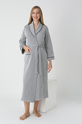 Miss Dünya Lissa Collar Detailed Striped Long Pregnant and Postpartum One Piece Dressing Gown