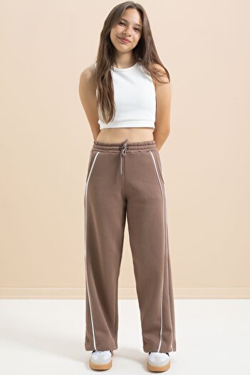Cansın Mini Brown Wide Leg Girls' Hooded Sweatpants with Stripes on the Sides 21463