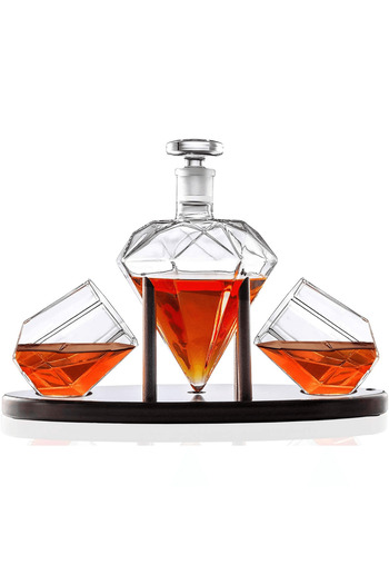 Elindor Diamond Shaped Whiskey Decanter Set with 2 Glasses and Mahogany Wood Stand, 750 ml, Elegant