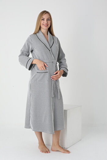 Miss Dünya Lissa Collar Detailed Striped Long Pregnant and Postpartum One Piece Dressing Gown