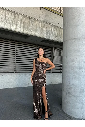SELİN MODA EVİ Trend Velvet Slit Dress Copper 583150