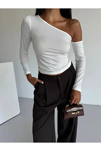hazelin Women's White Asymmetrical Collar Draped Sandy Blouse Hzl25S-Fry123361