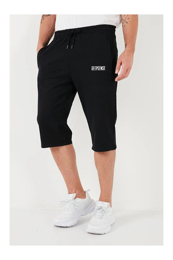 Deep sense Erkek Siyah Diz Altı Uzun Cepli Penye Şort & Bermuda Kapri Yazlık Pamuklu Slim Fit Baskılı