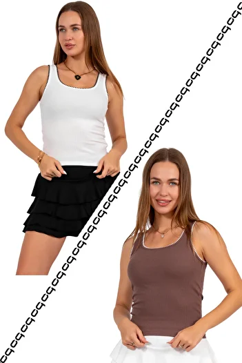 Oq Pack of 2 White/Brown Embroidery Detail 100% Cotton Thick Straped Bluz