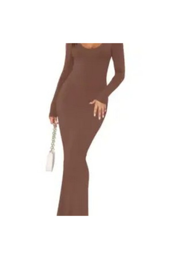 OEM Elastic, fitted, long dress, with long sleeves, Brown, XL