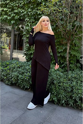 LİKRA Women's Plus Size Degaje Collar Asymmetric Slit Flexible Viscose Suit