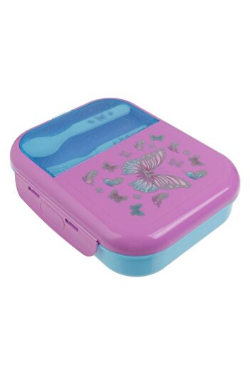 Micostore 3 Compartment Casserole, Food Box, 12.6 x 18 x 6cm, Lilac, Butterflies, Fork and Spoon