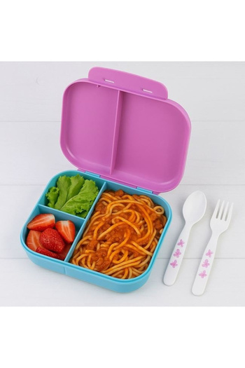 Micostore 3 Compartment Casserole, Food Box, 12.6 x 18 x 6cm, Lilac, Butterflies, Fork and Spoon