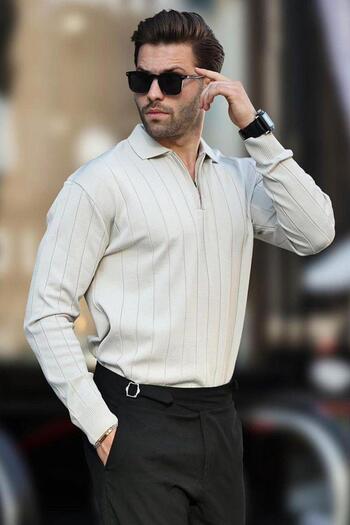 ribana Men's Slim Fit Polo Neck Zippered Ribbed Sweater - 4001