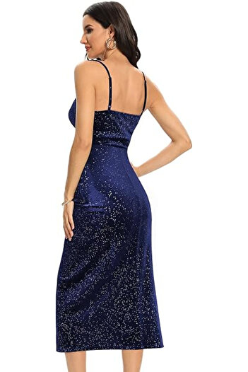 OEM Rochie lungă elegantă, mulată, fără mâneci, albastră cu sclipici, mărimea L