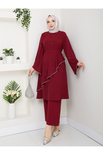 Monchoix Copy - Women's Stone Detailed Cross Casting Detailed Large Size Ayrobin Fabric Double Suit
