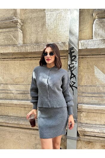 Lusin Women's Anthracite Cardigan Skirt Bottom Top Double Knitwear Set